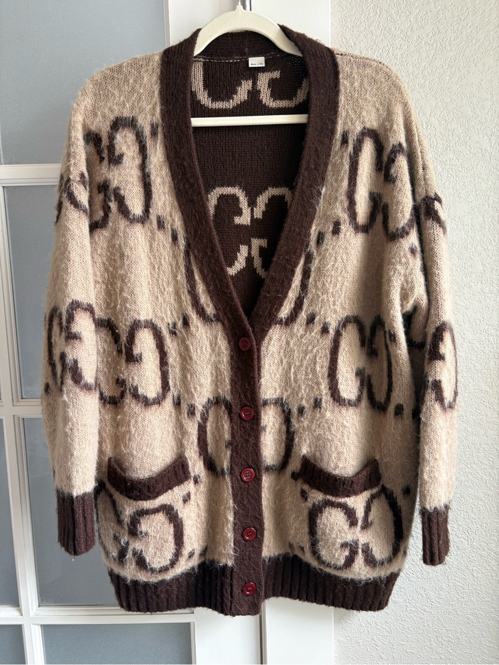 GG Monogram Women's Reversible 2 Sided Cardigan - Tan & Brown - Size Medium - Picture 2 of 12